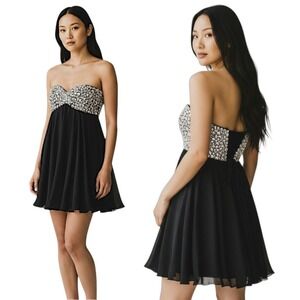 Vtg Cindy Dress Women L(S) Black Strapless Beaded Sweetheart Cocktail Party Prom